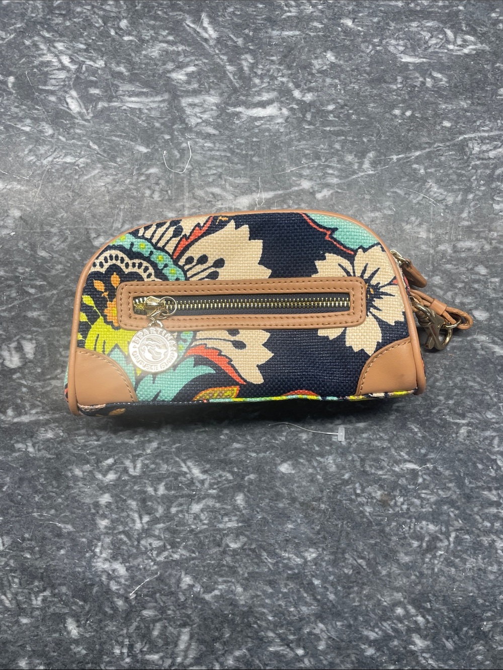 Spartina 449 Navy Floral Cosmetic Wristlet with Tan Trim
